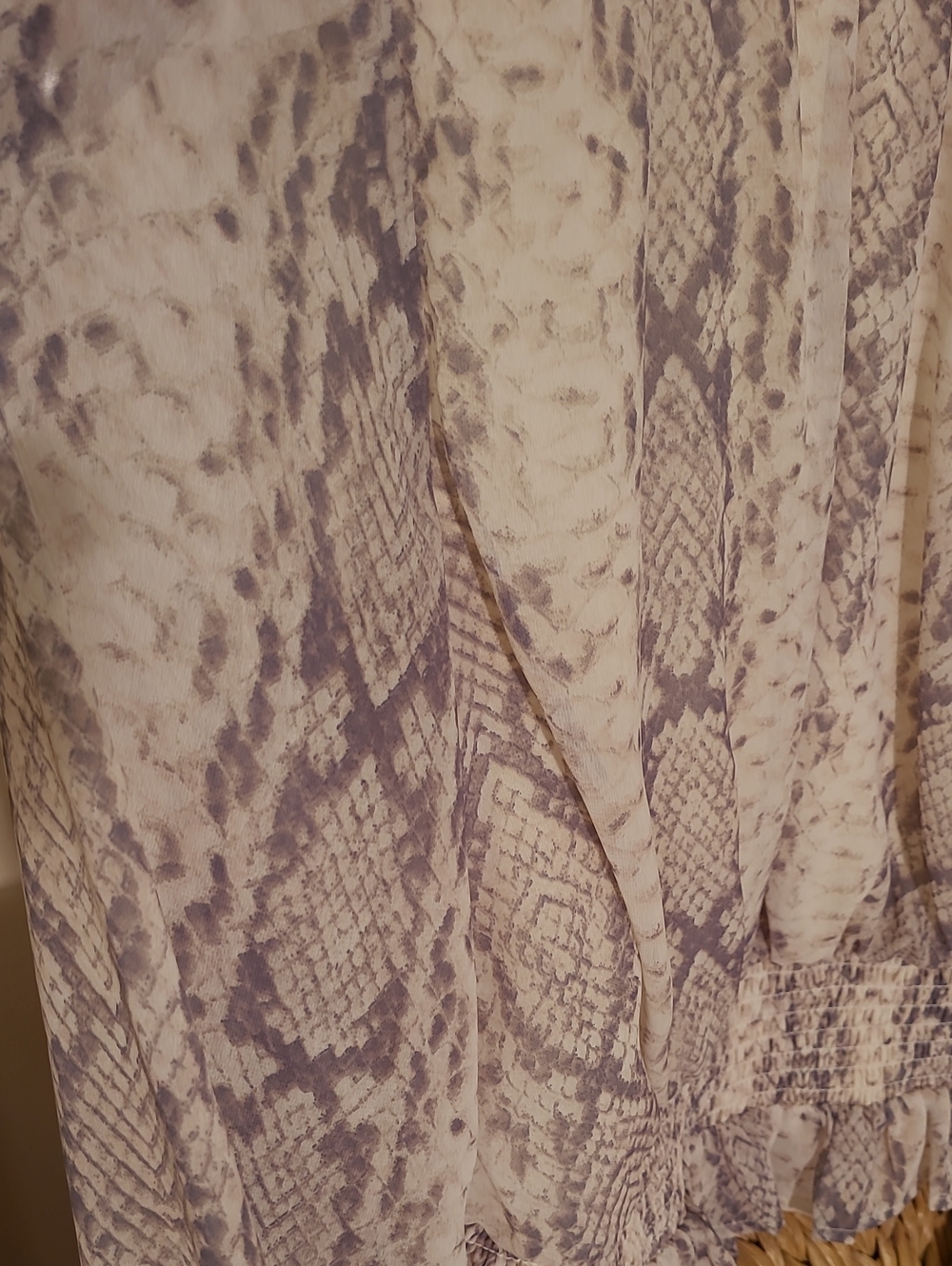 Japna Smocked High-Neck Python-Print Blouse - Cream & Gray - Picture 3 of 5
